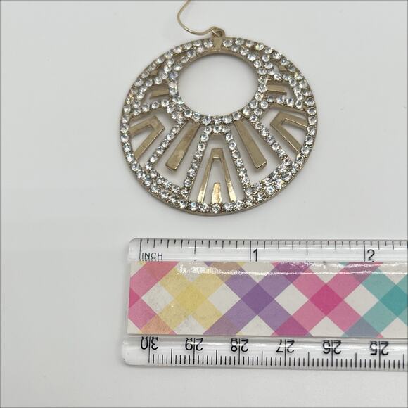 New Gold Tone Rhinestone Design Large Medallion Dangle Earrings - Picture 3 of 4